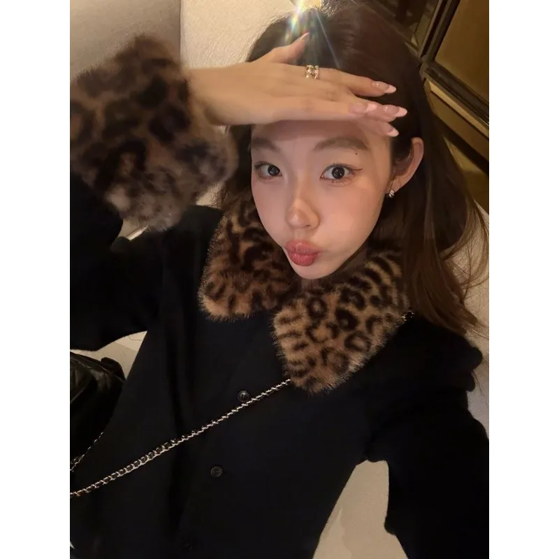 

Fashionable Leopard Print Fur Collar Single-breasted Thick Short Jacket Korean Style Casual Versatile Elegant Splicing Jacket