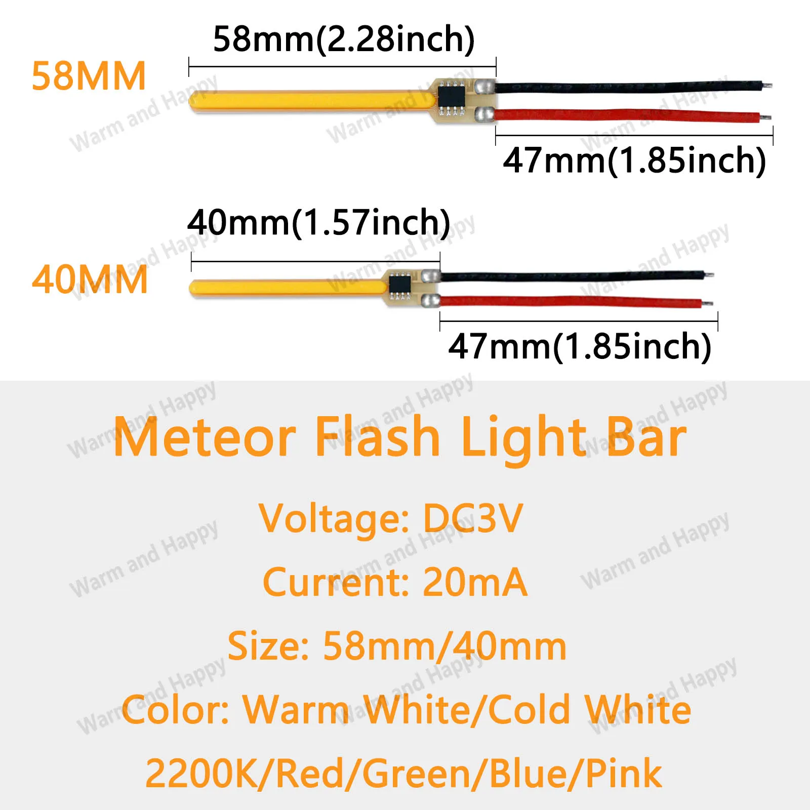 LEDメトリック付きシャワーフィラメント,dc3 v,40mm, 58mm,20ma,2200k,2700k,6000k,青,赤,ピンク,緑