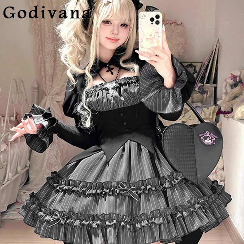 

Dark Gothic Lolita Suits Women Fake Two Piece Patchwork Top Striped Short Skirt Lolita Outfits Female Japanese Style Skirt Set