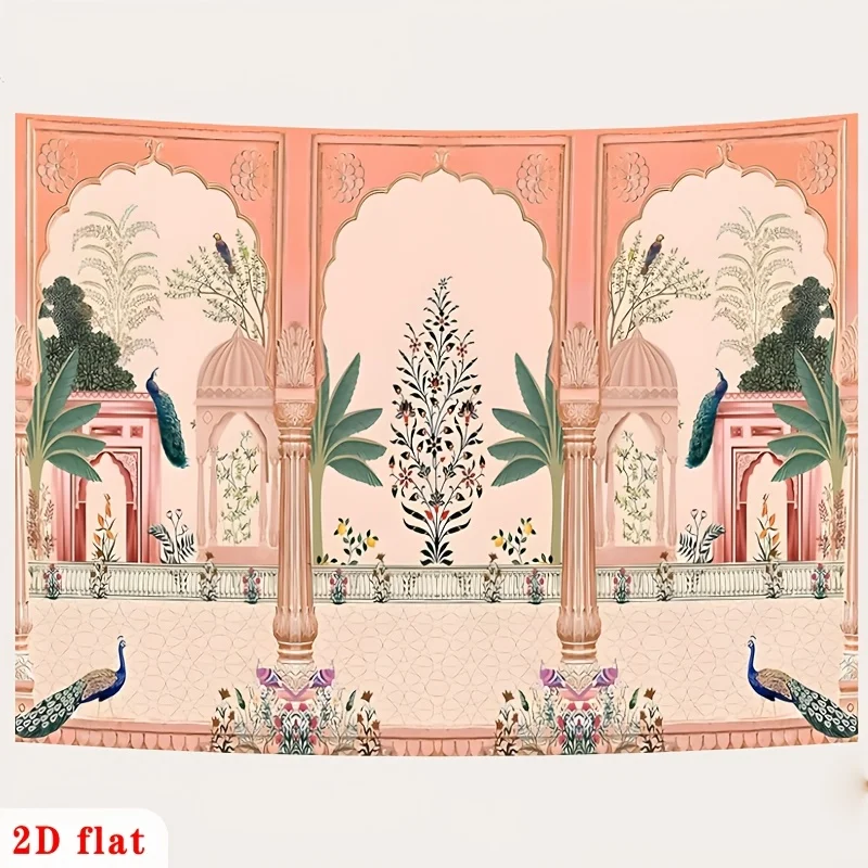 Ornate Mughal Floral Peacock Backdrop Photo Booth Background for Wedding Party Event Decor Blush Pink Gold Palace Curtain view 2