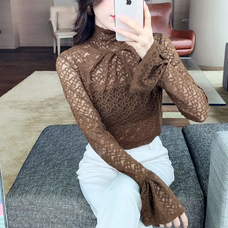 Maillard Temperament Lace Base Shirt Women's Long Sleeved Hollow Out Sexy Versatile High Neck Autumn Winter Stylish Small Shirt