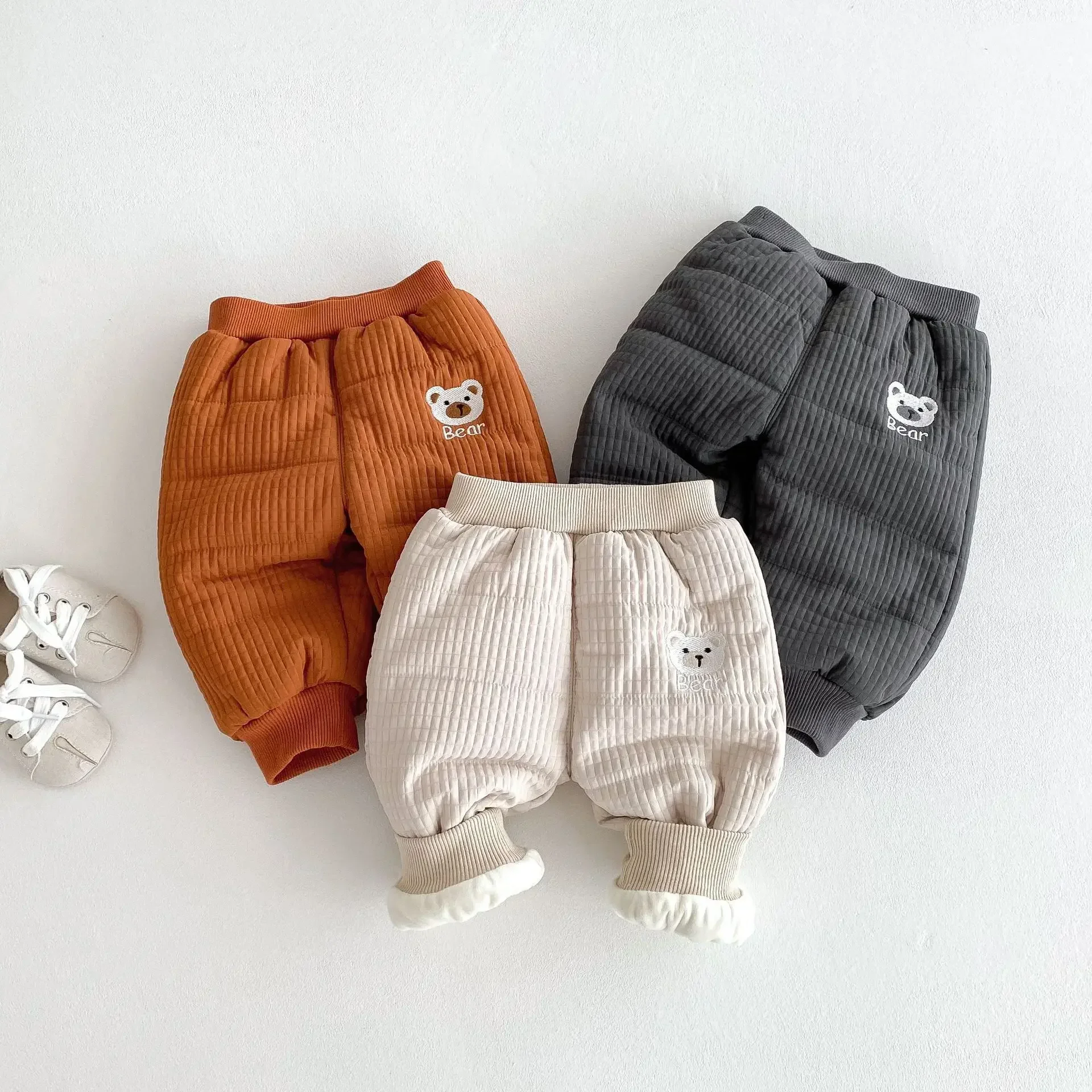 

2024 Winter New in Kids Baby Boys Girls Warm Thicken Clothing , Children Carton Bear Pants 3M-5Y