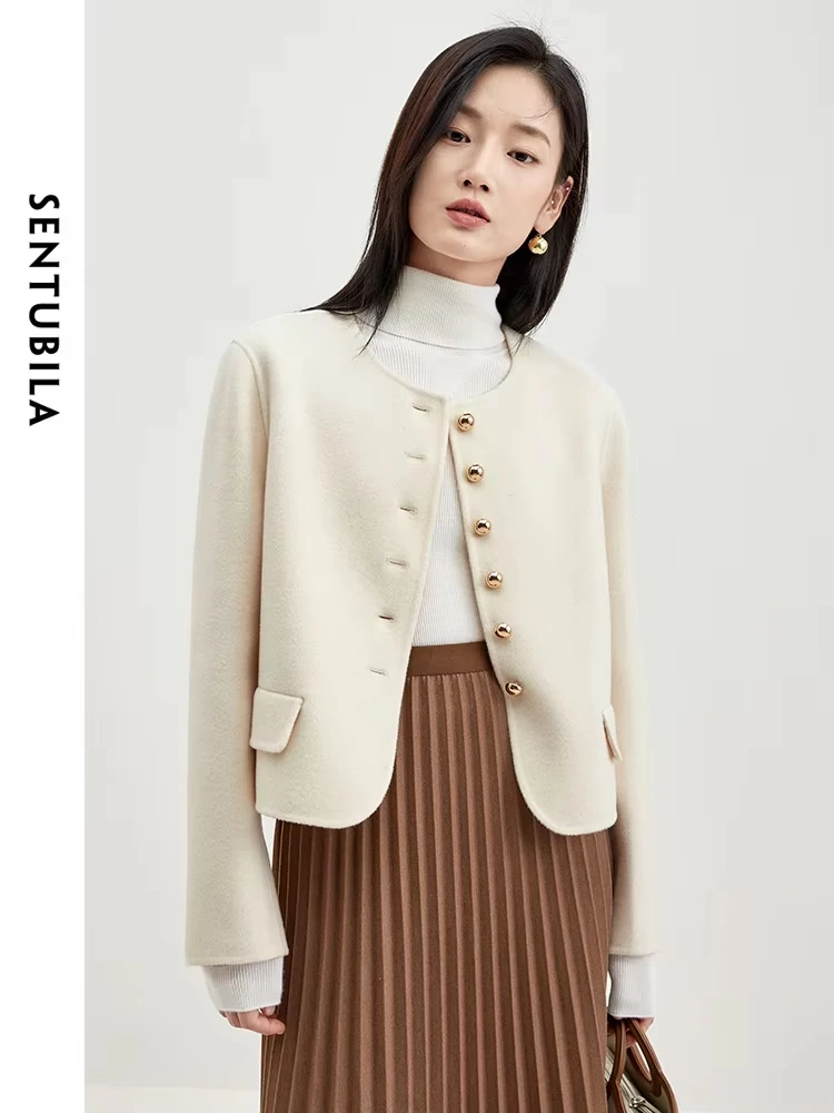 SENTUBILA Short Woolen Coat for Women 2024 Spring Elegant Fashion O-Neck 100% Wool Cropped Jackets Female Outerwear W34O49734