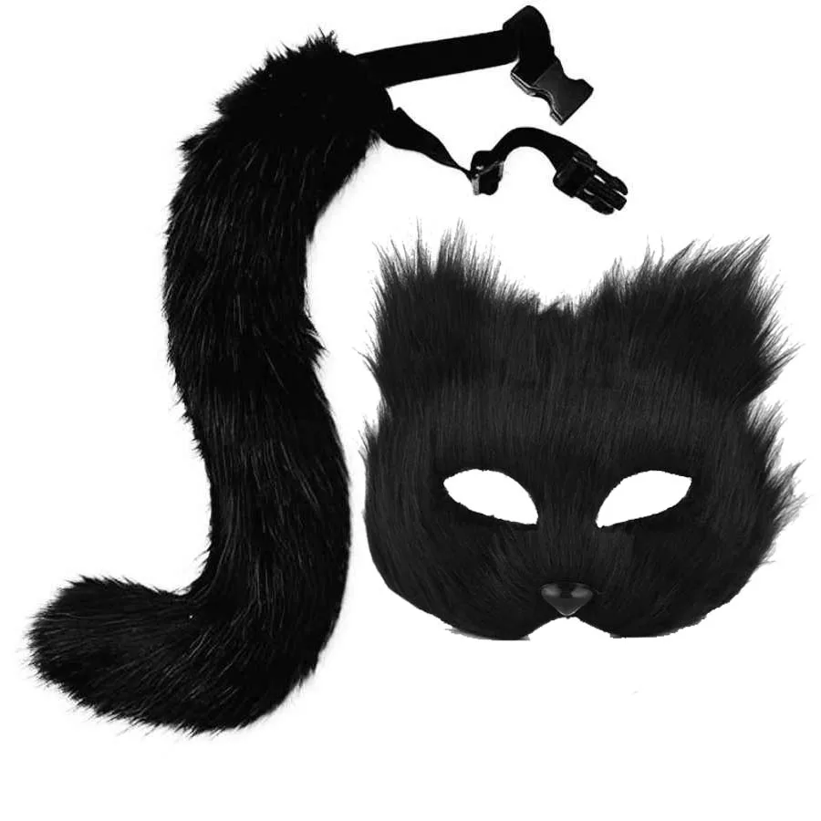 Sexy Fuchsmasken-Set mit Schwanz für Feiertagspartys, Rollenspiele, Pelz-Tiermasken für Männer und Frauen, Maskerade-Party-Requisiten, Bühnenauftritts-Set – Detail 2