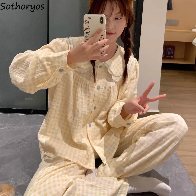 Peter Pan Collar Pajama Sets for Women Plaid Korean Fashion Homewear Autumn Age-reducing Aesthetic Cute Students Nightwear Ins