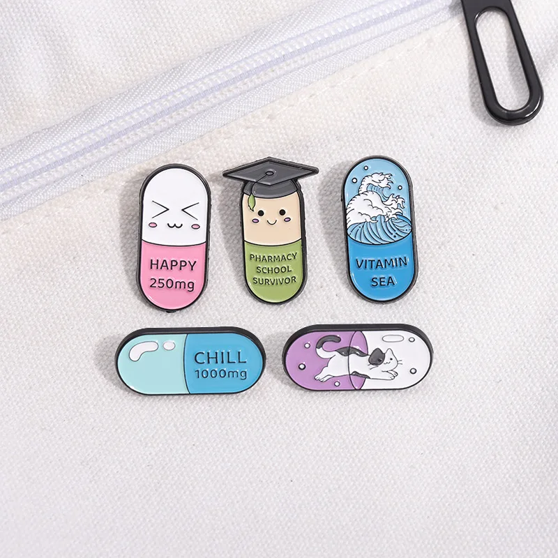 Happy Capsule Pill Enamel Pins Cartoon Cute Brooch Chill Vitamin Sea Medicine Brooch Bag Badge Jewelry Gifts for Medical Student