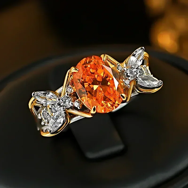 XUYUANFEN European and American Fenda Orange Retro S925 Silver Oval Ring, High Carbon Diamond Ice Flower Cut