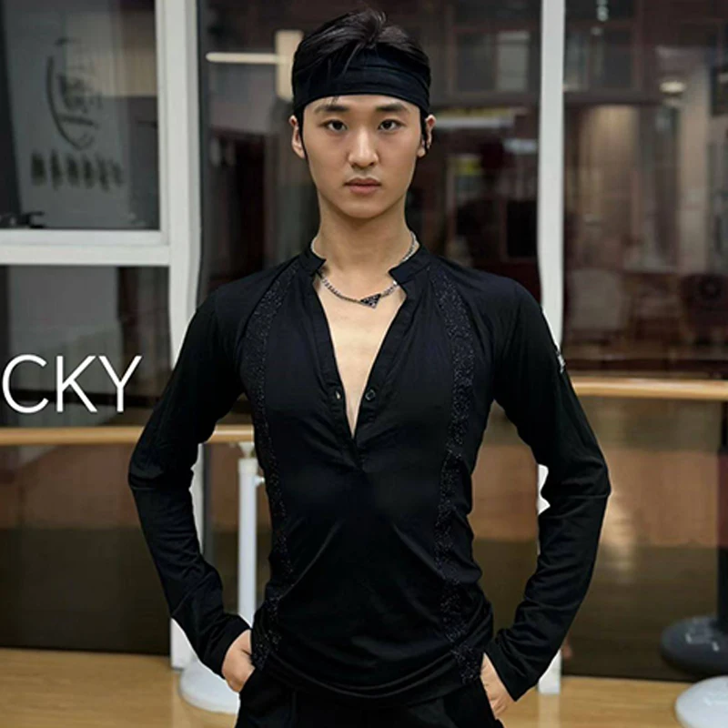 

Мужские топы для латинских танцев, одежда для соревнований, черные топы с блестками, тренировочная одежда с длинными рукавами, рубашка для бальных танцев, румба, сальса, DNV25847