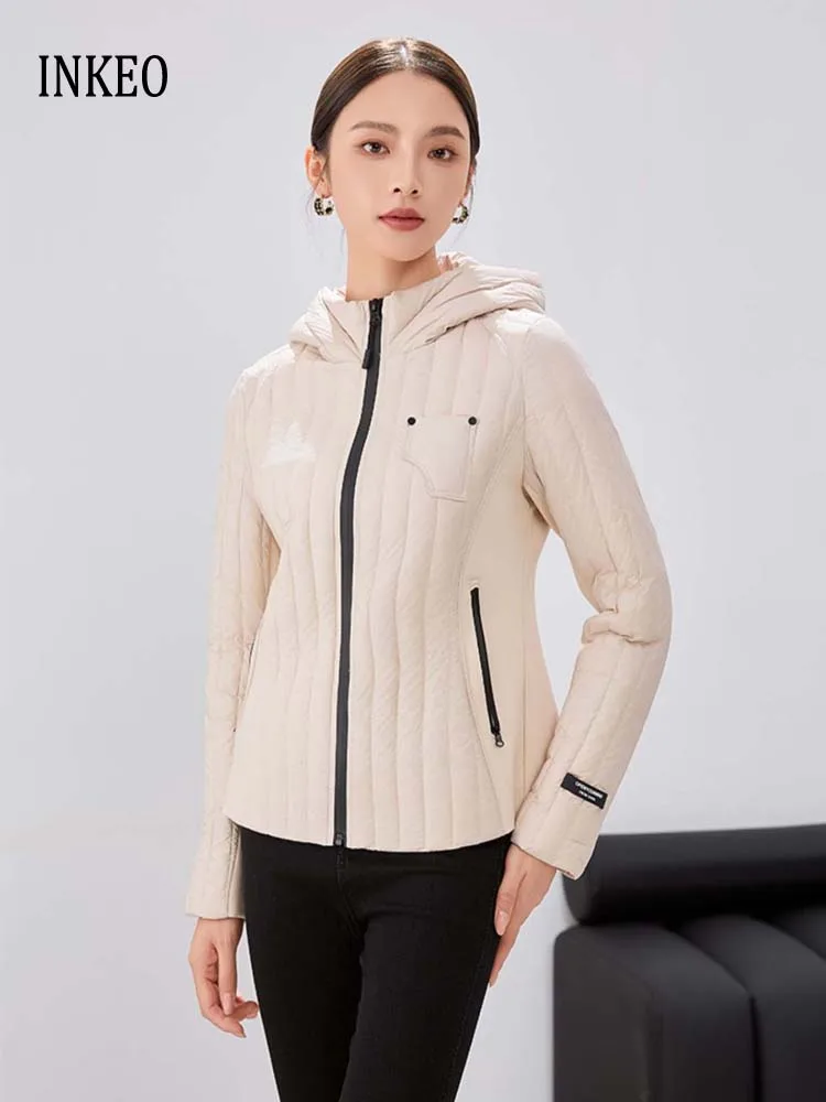

Спортивный стиль, пуховик на молнии, тонкий женский пуховик на осень-зиму 2025, теплая повседневная лоскутная куртка-пуховик с капюшоном для йоги INKEO DJ534