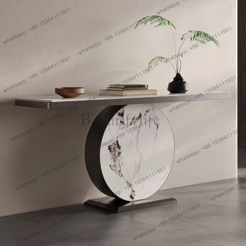Light luxury rock slab entrance table, simple stainless steel art end view table against the wall entrance table