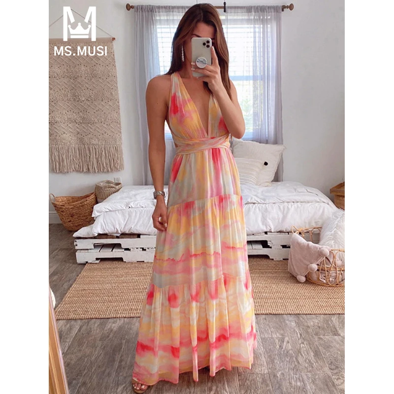 

MSMUSI 2024 New Fashion Women Sexy Halter Printing Draped Fold Sleeveless Backless Bodycon Party Club Event Maxi Dress Long Gown