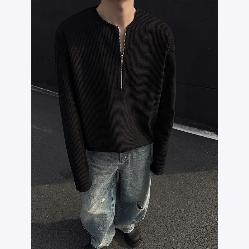 Spring Long Sleeved T-shirt Men Casual Pleated T Shirt Men Streetwear Korean Loose Zipper Pullover T Shirt Mens Sweatshirt