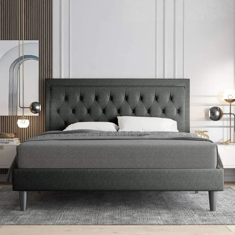 

zz Button Tufted Platform Bed Frame, Fabric Upholstered Bed Frame with Adjustable Headboard, Wood Slat Support