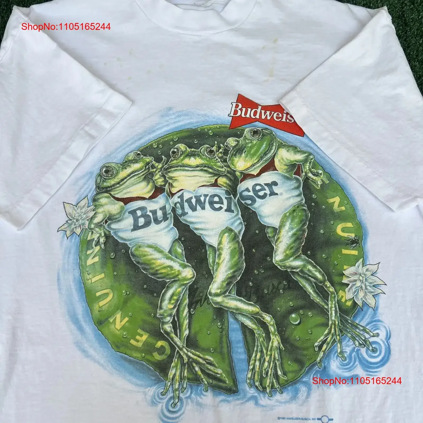 VTG Budweiser Frogs T Shirt Mens Large White Swimming Lilly Pad Beer Stained 90s vintage Washed fashion Stylish