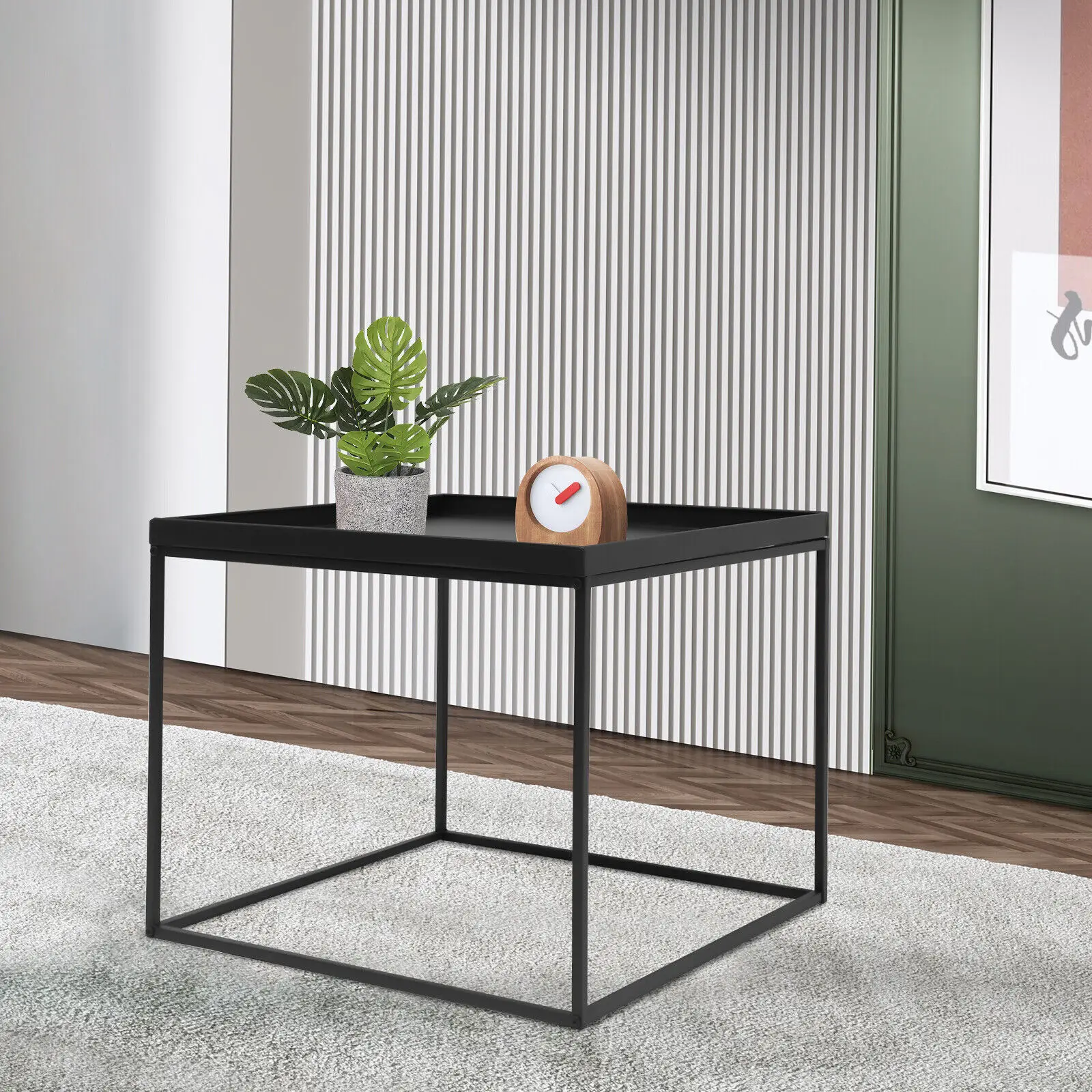 24-inch Portable Modern Tray Top End Table Matte Black Metal Square Side Table or Nightstand Glass Coffee Table for Living Room