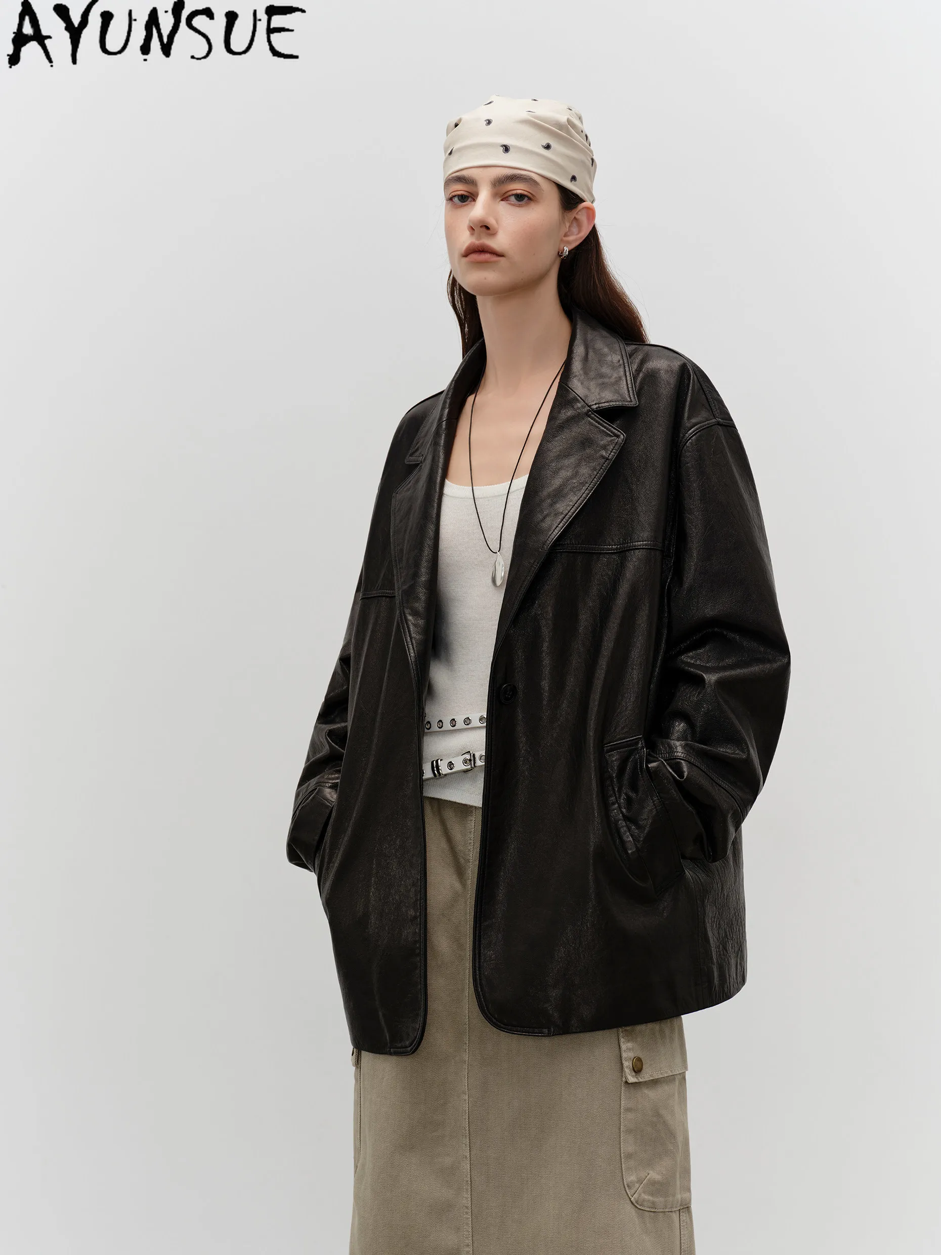 AYUNSUE Real Leather Jacket Woman Clothing Fashion Sheepskin Suit Coat Women Spring Autumn Coats Loose Fit Casaco Feminino