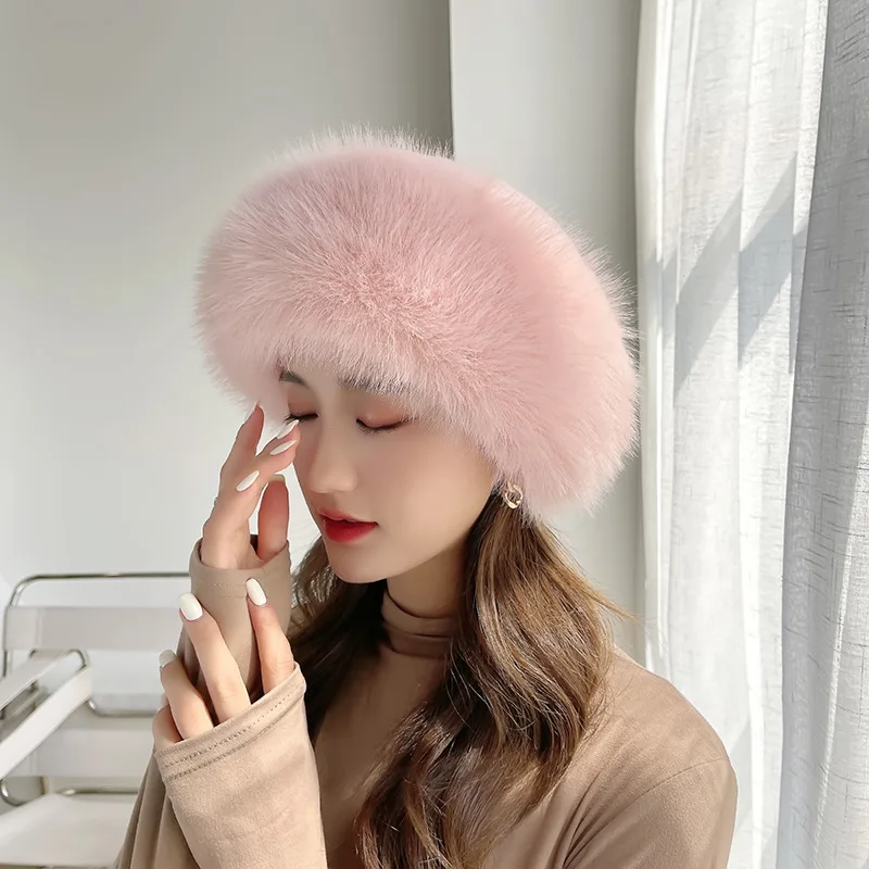 Winter Hat for Women\'s Imitation Fur Fox Pullover Hat Outdoor Warm Thick Beret Mongolian Princess Ear Protection Cap