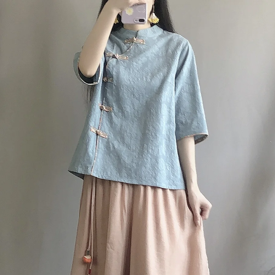 

Retro Button up Cotton Linen Shirt Young Style Zen Spirit Tea Clothing Loose Fit Regular Length Pure Color Commute Fashion