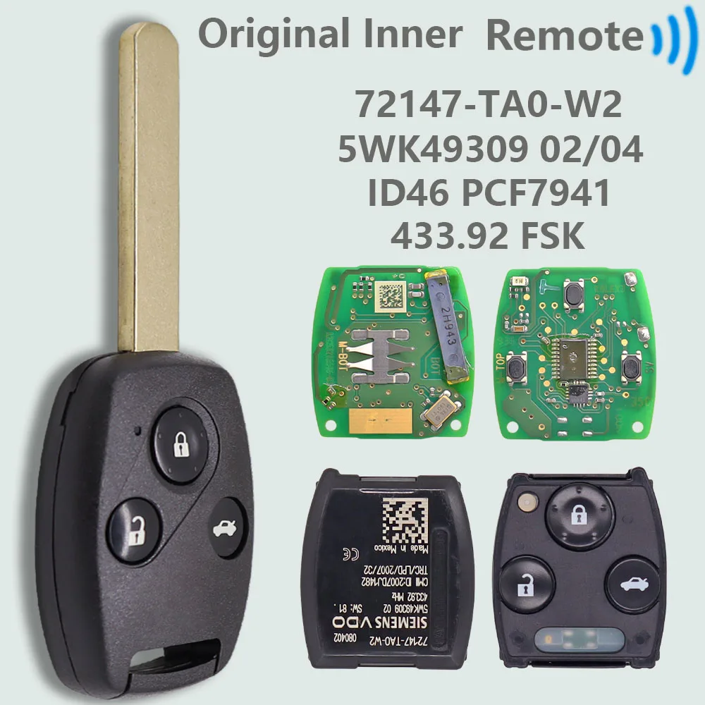 DR 5WK49309 72147-TA0-W2 noyau interne d'origine ID46 PCF7941 433.92 clé à distance de voiture FSK pour Honda Accord 2008 2009 2010 2011 2012