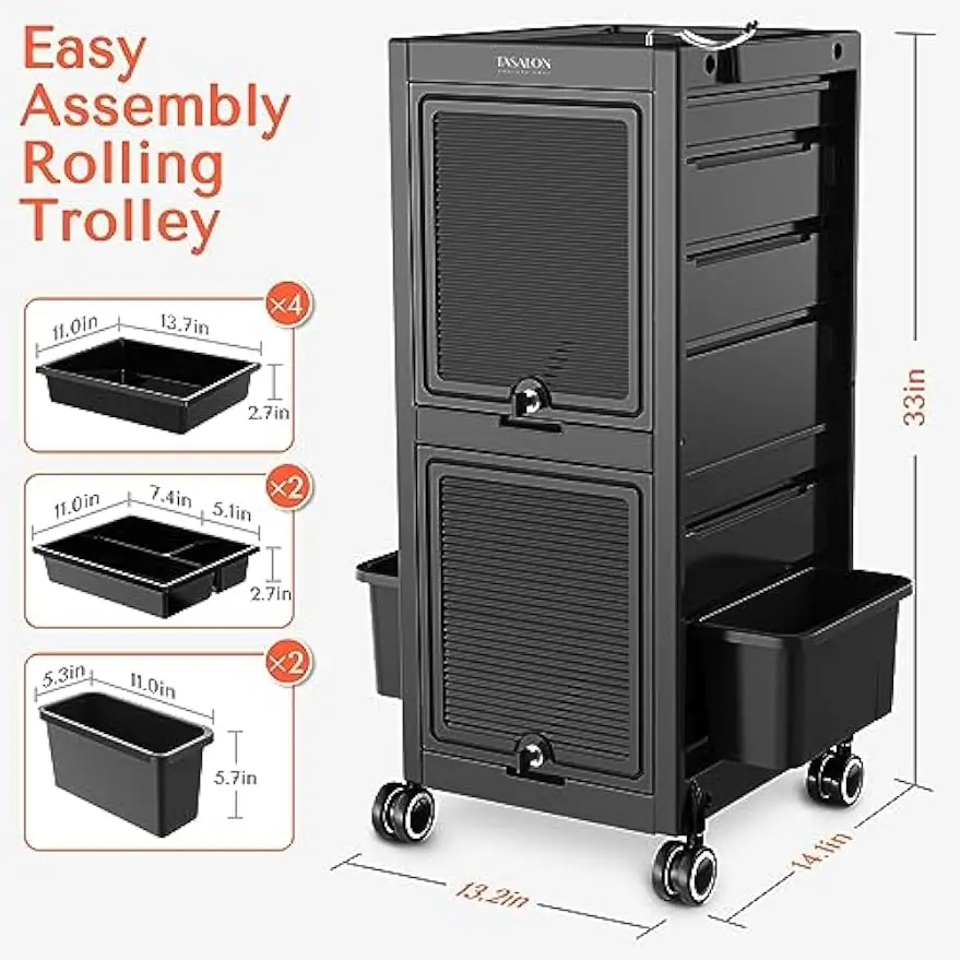 Rolling Lockable Salon Trolley Cart Wheels 6 Drawers 2 Bucket Versatile Hair Stylist Storage Multiuse Tattoo Barber