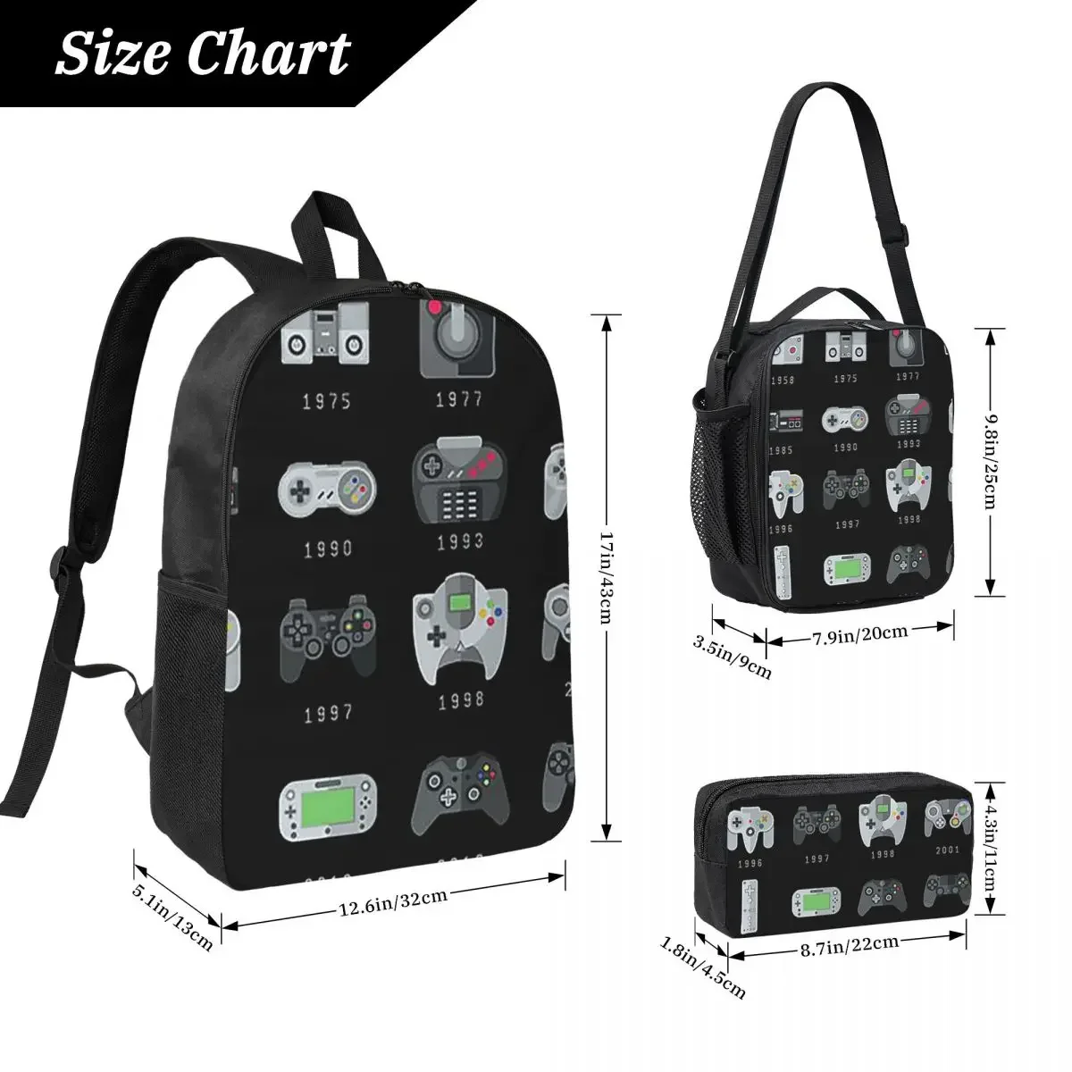 Geek Gaming Controllers Backpack Student Boy Girls BookBag School Bag Computer Shoulder Bags 3ps Insulated Lunch Bag Pencil Case