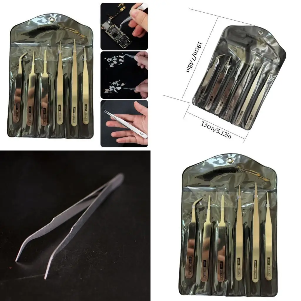 

652F Stainless Steel Tweezers Set Of 6 Durability For Model Enthusiasts And Laboratory Technicians