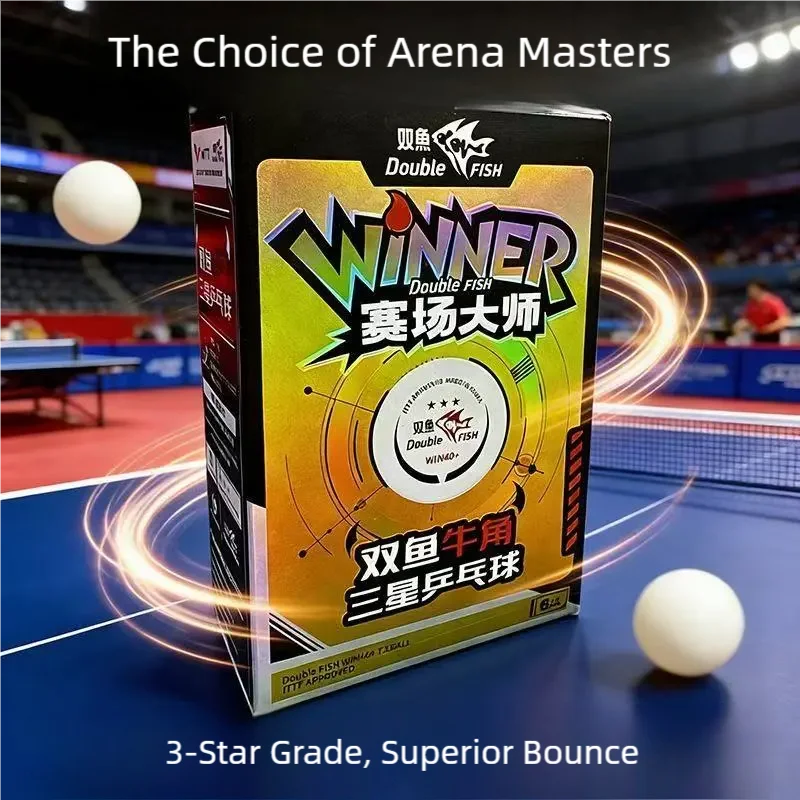 

Double Fish seamed 40+ table tennis balls, ITTF approved 3-star, 6/box, bull horn pattern champion quality.
