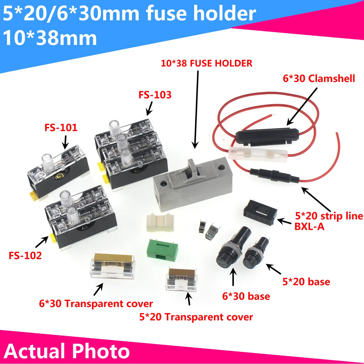 Receptáculo de fusibles de 5x20/6x30/10x38mm, FS-10/101/102/103, caja de fusibles con plomo, vidrio y cerámica