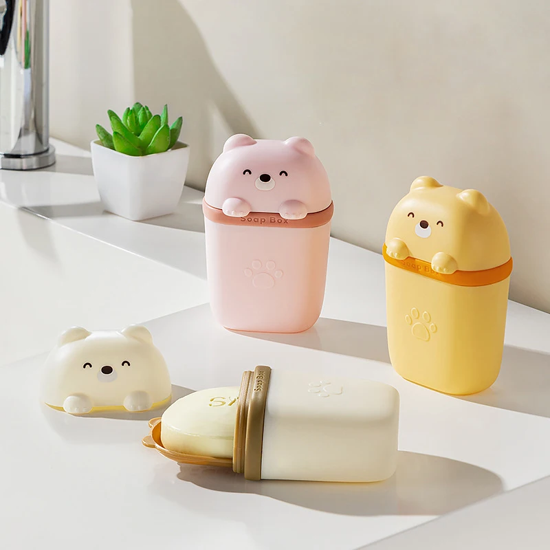 Cute Bear Plastic Soap Dish Bathroom Drainable Soap Holder With Lid Container Outdoor Travel Portable Soap Box