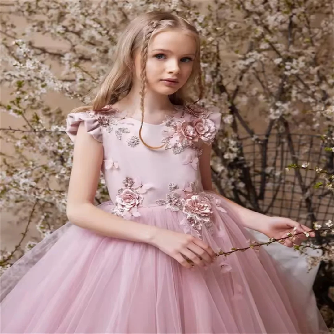 Pink Charming 3D Floral Girls Dresses For Performance Exquisite Oneck Short Sleeve Princess Gown Wedding Guest Clothes