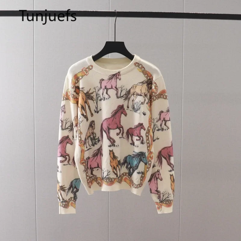 Autumn Winter Women\'s Sweater Pullovers Horse Chain Print Brand Design Wool Knit Tops Y2k Jumper Jersey Vintage Korea Clothes