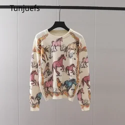 Autumn Winter Women's Sweater Pullovers Horse Chain Print Brand Design Wool Knit Tops Y2k Jumper Jersey Vintage Korea Clothes