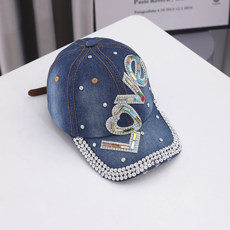 New Denim Baseball Cap LOVE Letter Diamond Inlaid Unisex Fashion Casual Outdoor Sunshade Peaked Cap All-match Daily Hat