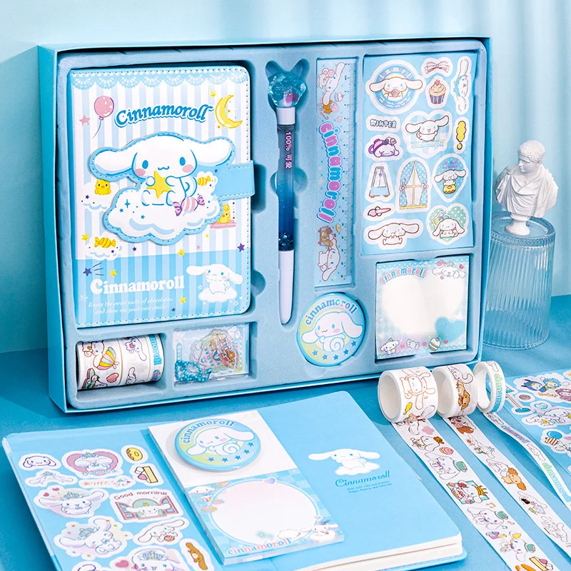 Sanrio Kuromi Stationery Set Cinnamoroll My Melody Stickers Notepad Mini Notebook Neutral Pen Ruler Students Supplies Kids Gift