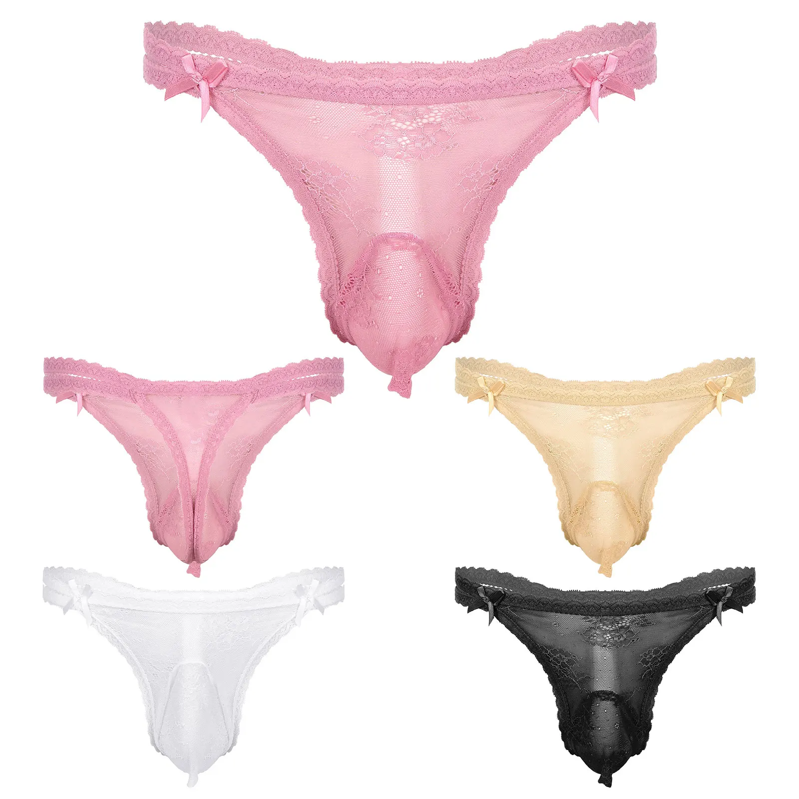 Mens G-string Briefs See-through Sissy Lace Thong Bulge Pouch Exotic Panties Low Rise T-back Lingerie Sexy Underwear Underpants