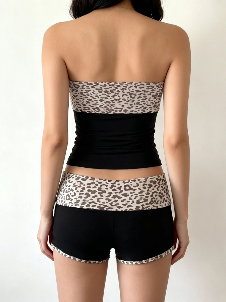 Stsss verão y2k hottie conjunto de 2 peças feminino sexy leopardo impressão retalhos sem alças sem mangas colheita topo & shorts finos combinando terno