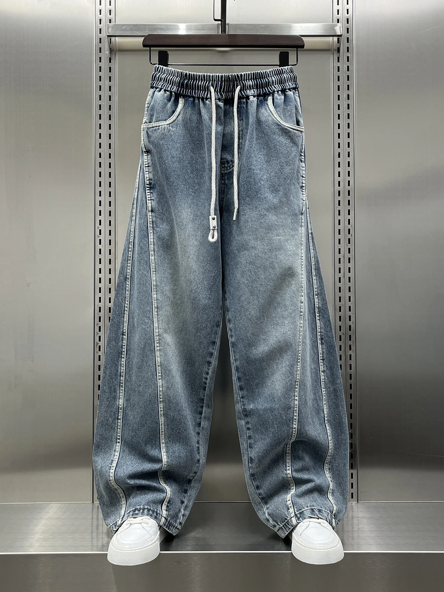 

Spring 2026 Men's Casual Waed Denim Pants Patchwork Stripe Loose Fit Straight Leg Durable Daily Wear Faionable American S...