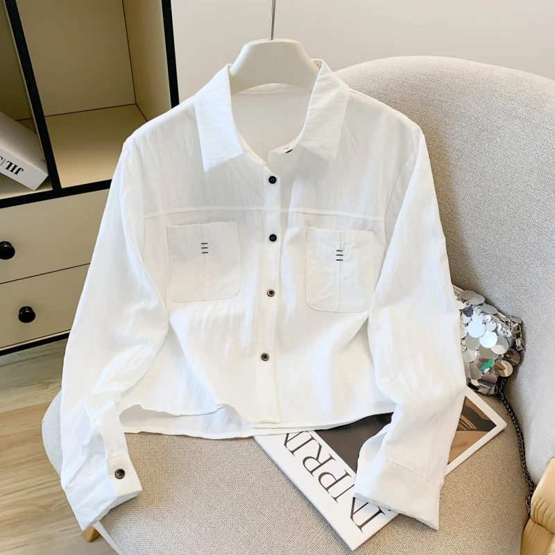 

Корейская модная женская белая рубашка с длинным рукавом, однобортные укороченные топы, блузка, весенне-осенняя блузка с карманами, camisas de mujer