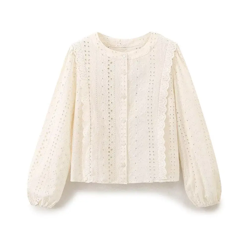 

Round Neck Hollow Out Long Sleeve Women's Shirt Spring Summer Embroidery Lace Short Blouse Chic Top