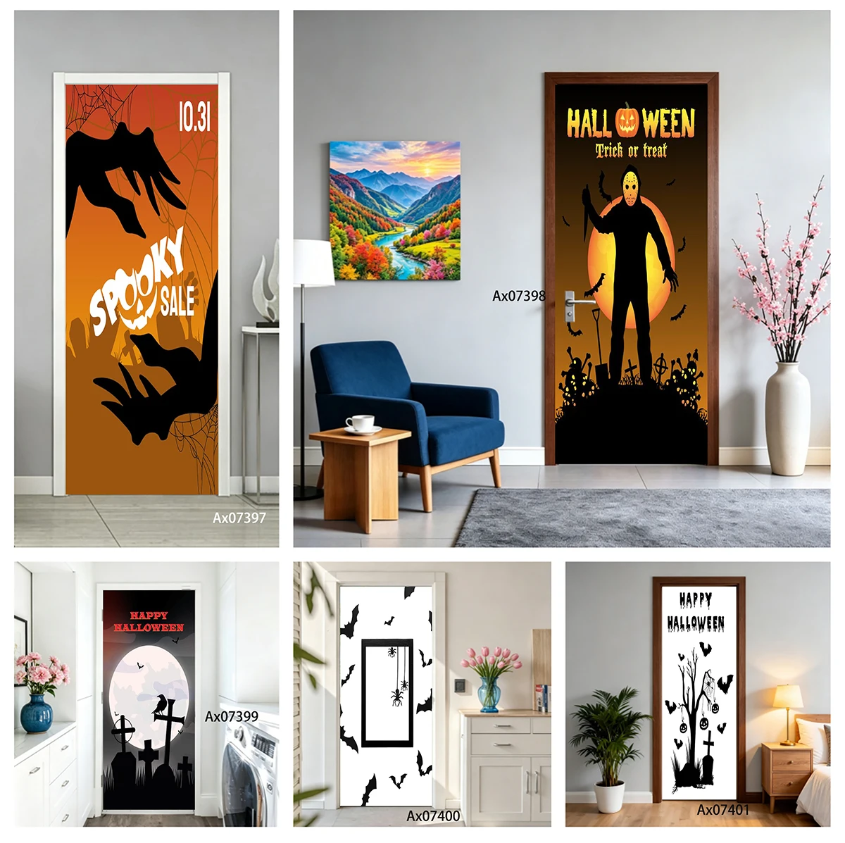 Door Decal Waterproof Removable Halloween Trick Or Treat Mask Man Pumpkin Bat Graveyard Decal Home Entry Door Decor Makeover