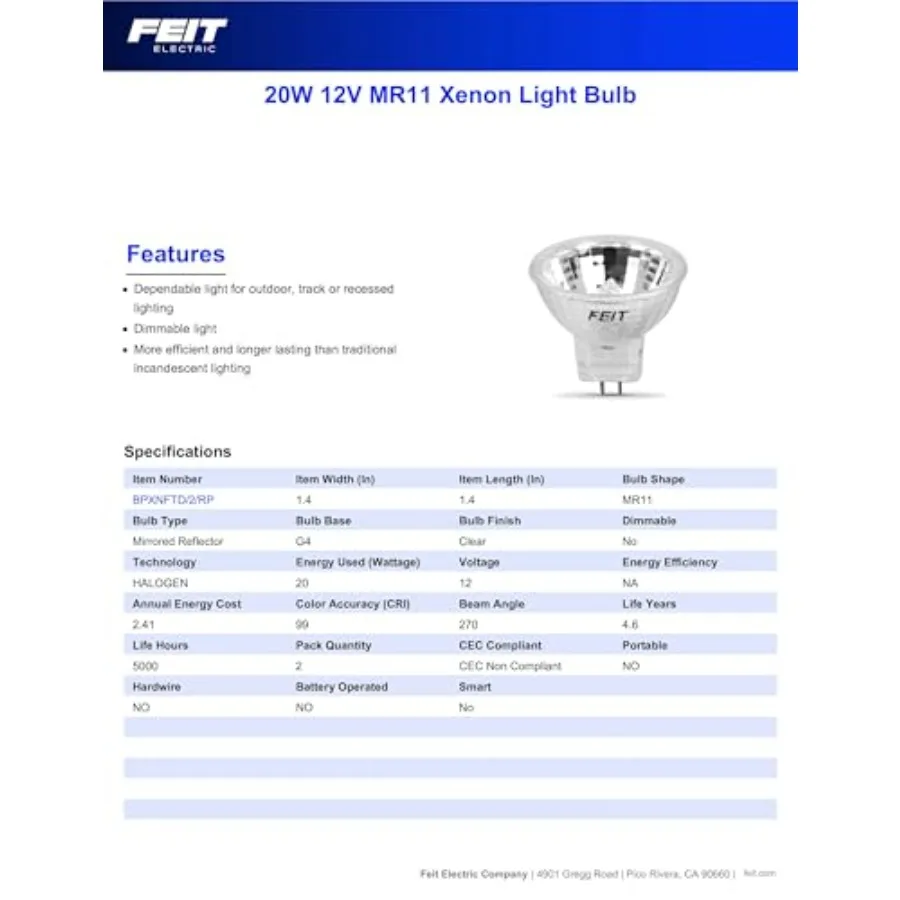 MR11 Xenon Light Bulb, 20-Watt, G4 Bi-Pin Base, 12V, Warm White, 90+ CRI, 270° Beam Angle, Non-Dimmable, Indoor/Outdoor Halogen