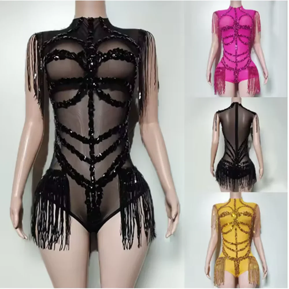 

Сексуальный боди с бахромой, черный, без рукавов, для ночных клубов, баров, диджеев, певиц, шоугёрл, сценический костюм, наряд для фестивалей, вечеринок, рейвов YJ312