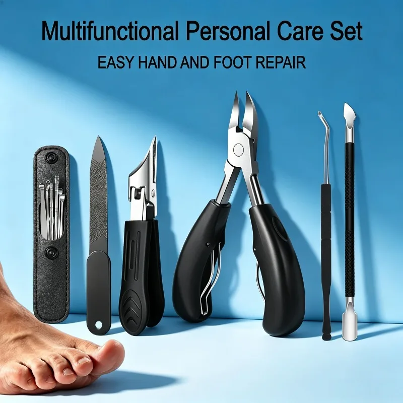 Stainless Steel 6‑Pcs Pedicure Manicure Kit Toenail Nipper Nail File Cuticle Pusher For Thick Hard Nails Home Foot Care