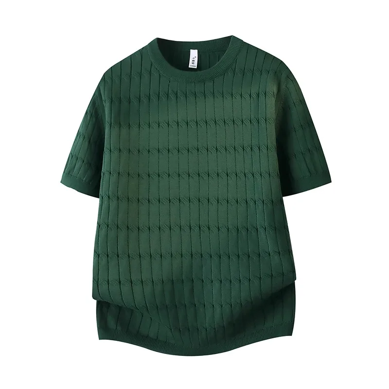Men's Ice Silk Polo Shirt Summer Short Sleeve Knit Top Loose Crew Neck Retro Casual Twist Pattern Korean Style Daily Wear