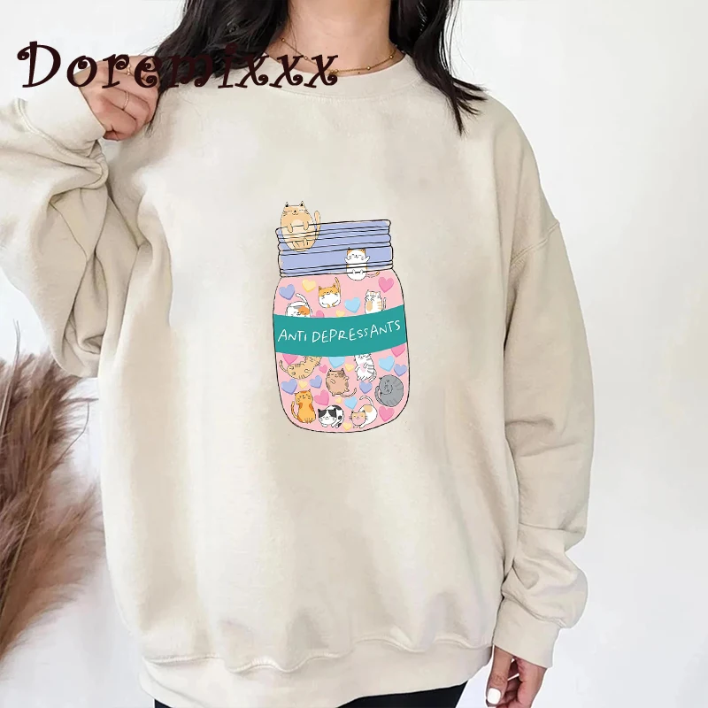 

Antidepressant Cat Harajuku Kawaii Girl Sweatshirts Women Ullzang Cat Mom Hoodie Funny Cartoon Pullover Y2k Cute Female Clothes