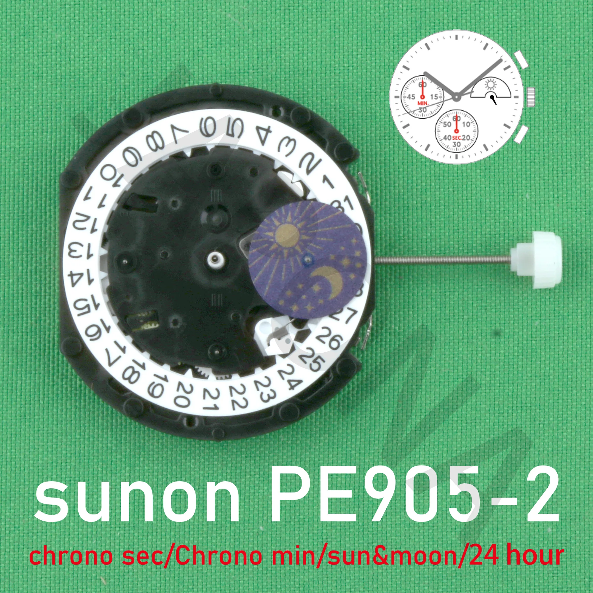 PE905-2 movement sunon PE90 china Ligne Quartz Three Hands with 3Eyes ＆Date Small Chronograph Second ＆ Minute sun&moon 24 huor