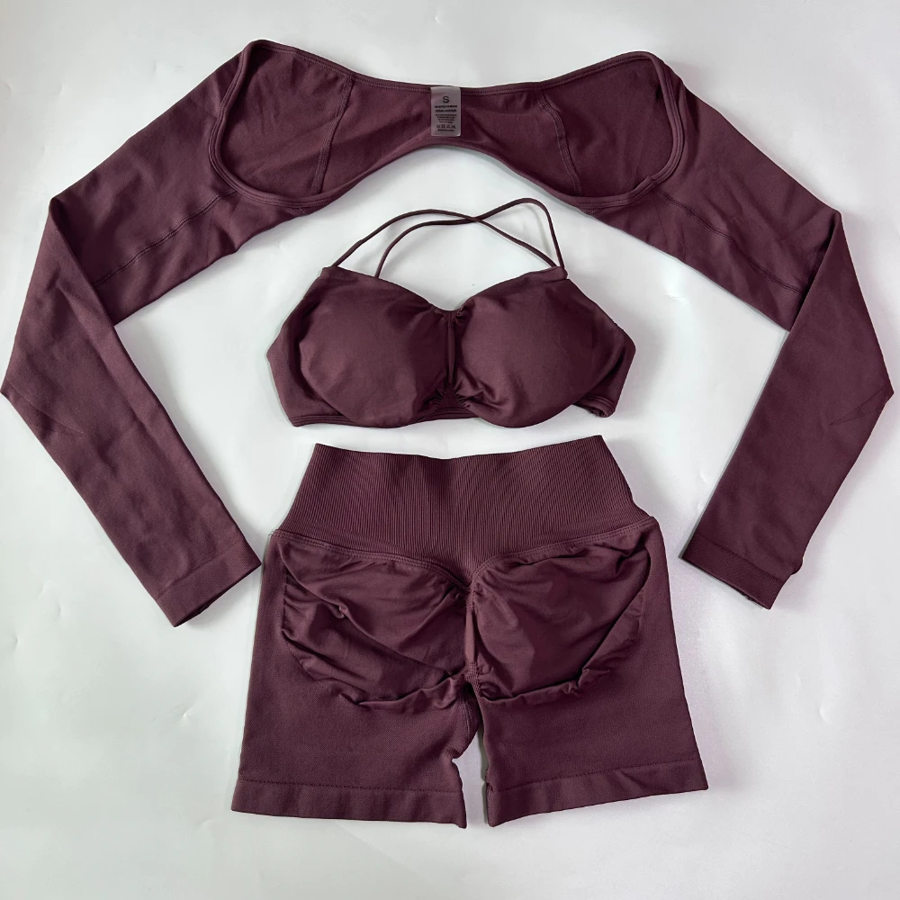Pericic 3-teiliges Gym-Set Nahtloses Yoga-Set Damen Gym-Top Cross-Waist-Shorts Langarm-Oberteil Fitness-BH Sportanzug Workout-Set – Detail 9