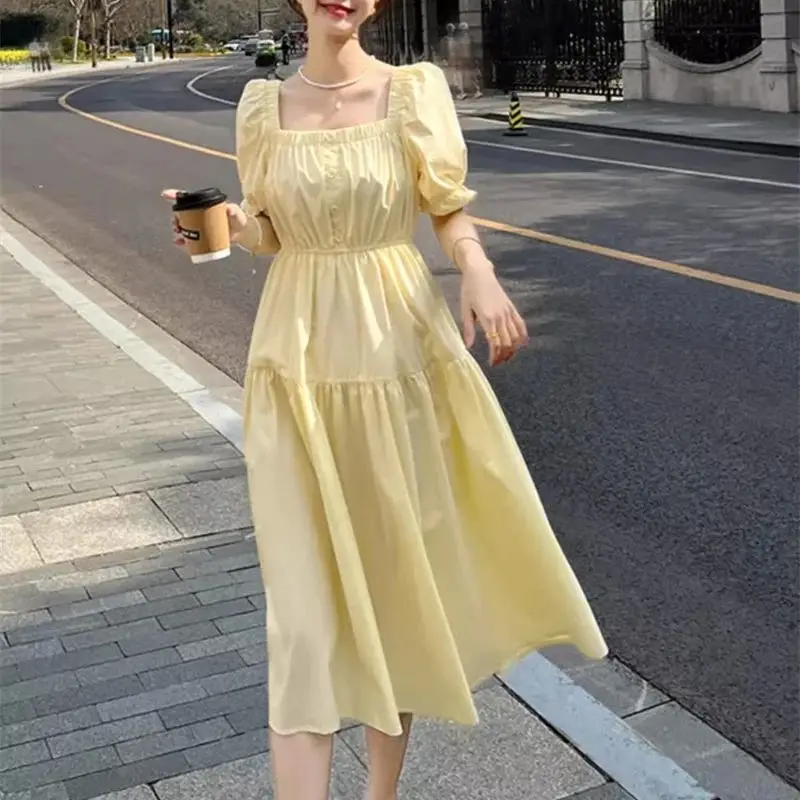 Vestido francês quadrado com mangas bolha para mulheres, look emagrecedor, amarelo creme, verão, cintura, novo, 2022