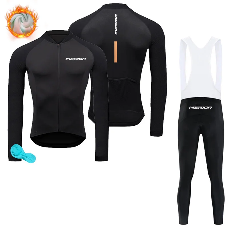 

2024 Merida Winter Warm Fleece Cycling Jersey Men's Long Sleeve Jersey Suits Riding Clothing Bib Pants Set Fleece Factory Outlet