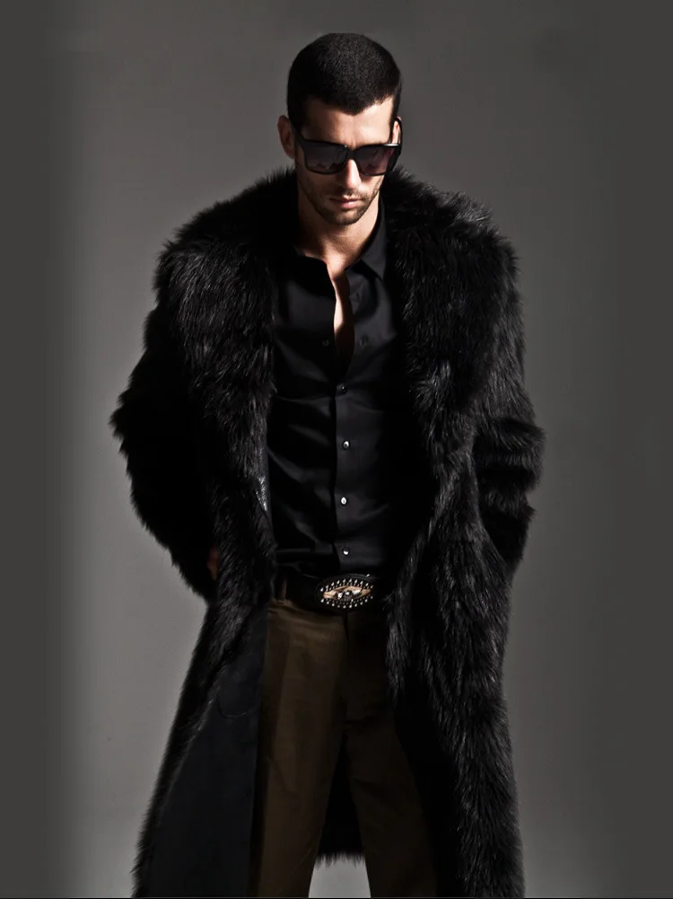 

Long Men Faux Mink Fur Coats Solid Overcoats Turn Down Collar Full Sleeves Open Stitch Thick Loose Fit Casual Autumn Winter 2026